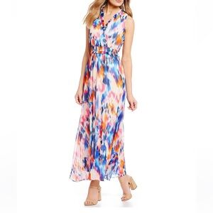 London Times Multicolor water colors tie dye Maxi Dress sleeveless faux wrap 12